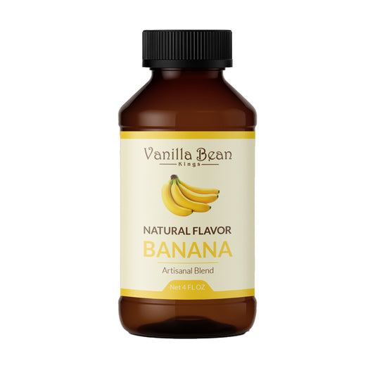 Natural banana extract bottle from Vanilla Bean Kings, showcasing the clear liquid inside and the label with banana imagery.
