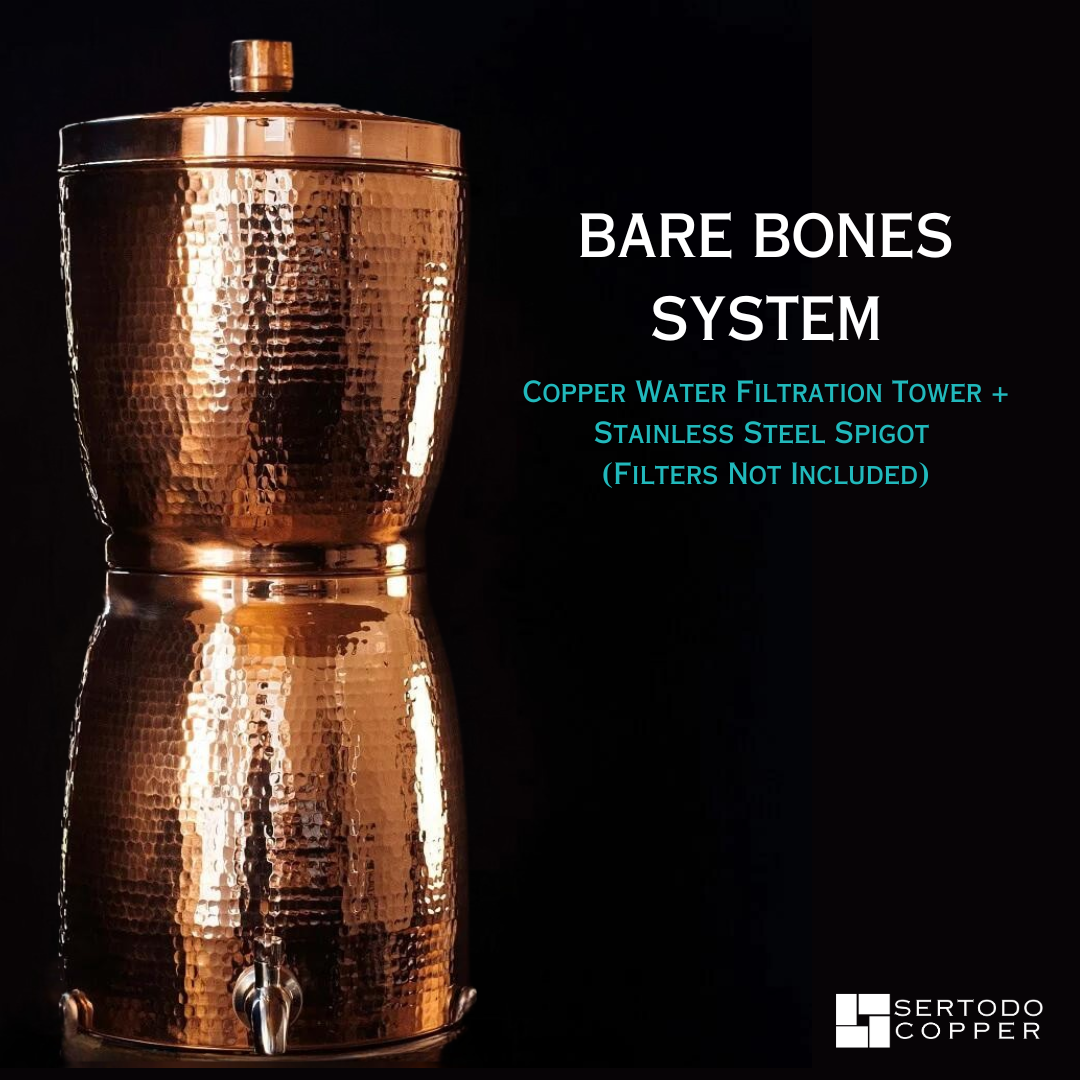 Sertodo Sana Vida copper water dispenser with filtration system, showing the bare bones kit for clean, filtered drinking water.
