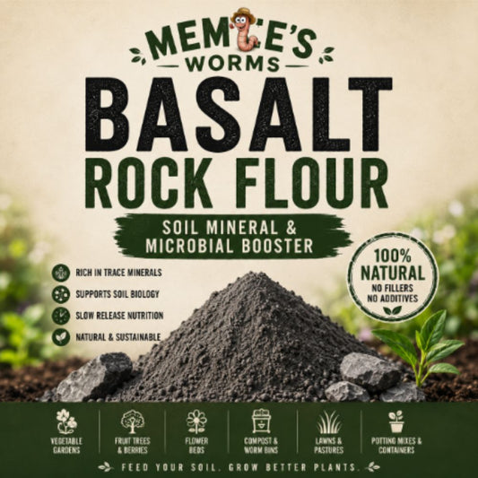 Premium basalt rock dust for sale by Meme's Worms, showing volcanic mineral-rich soil dust in a natural setting.