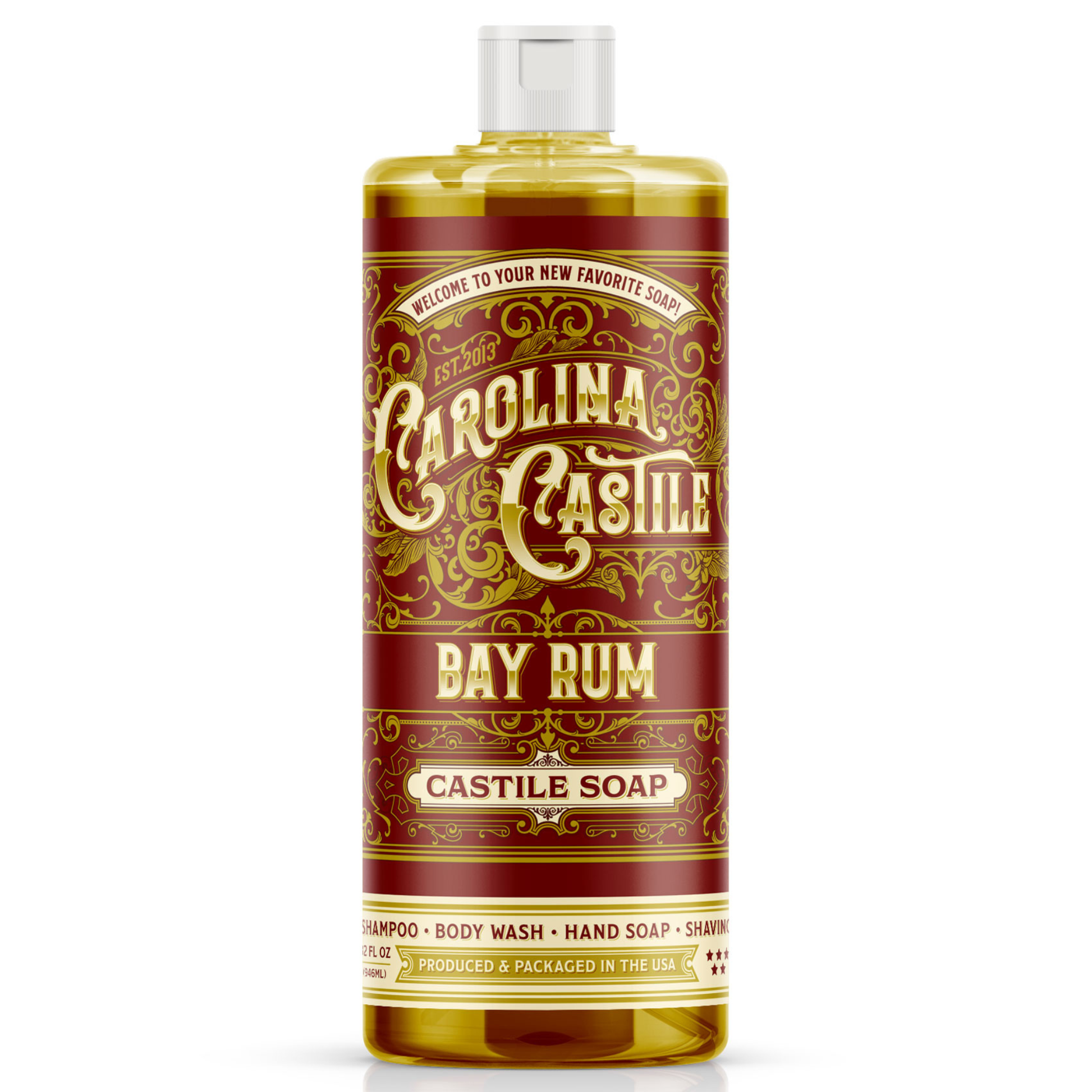 32 oz bottle of Carolina Castile Soap with bay rum scent, natural liquid soap for cleansing and aromatic skincare.