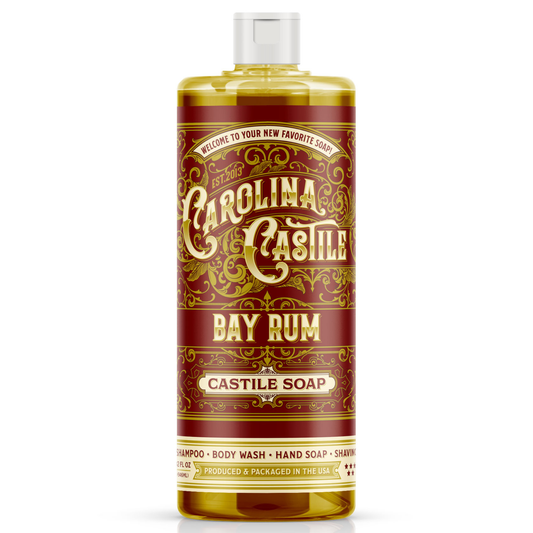 32 oz bottle of Carolina Castile Soap with bay rum scent, natural liquid soap in a clear plastic bottle with label.