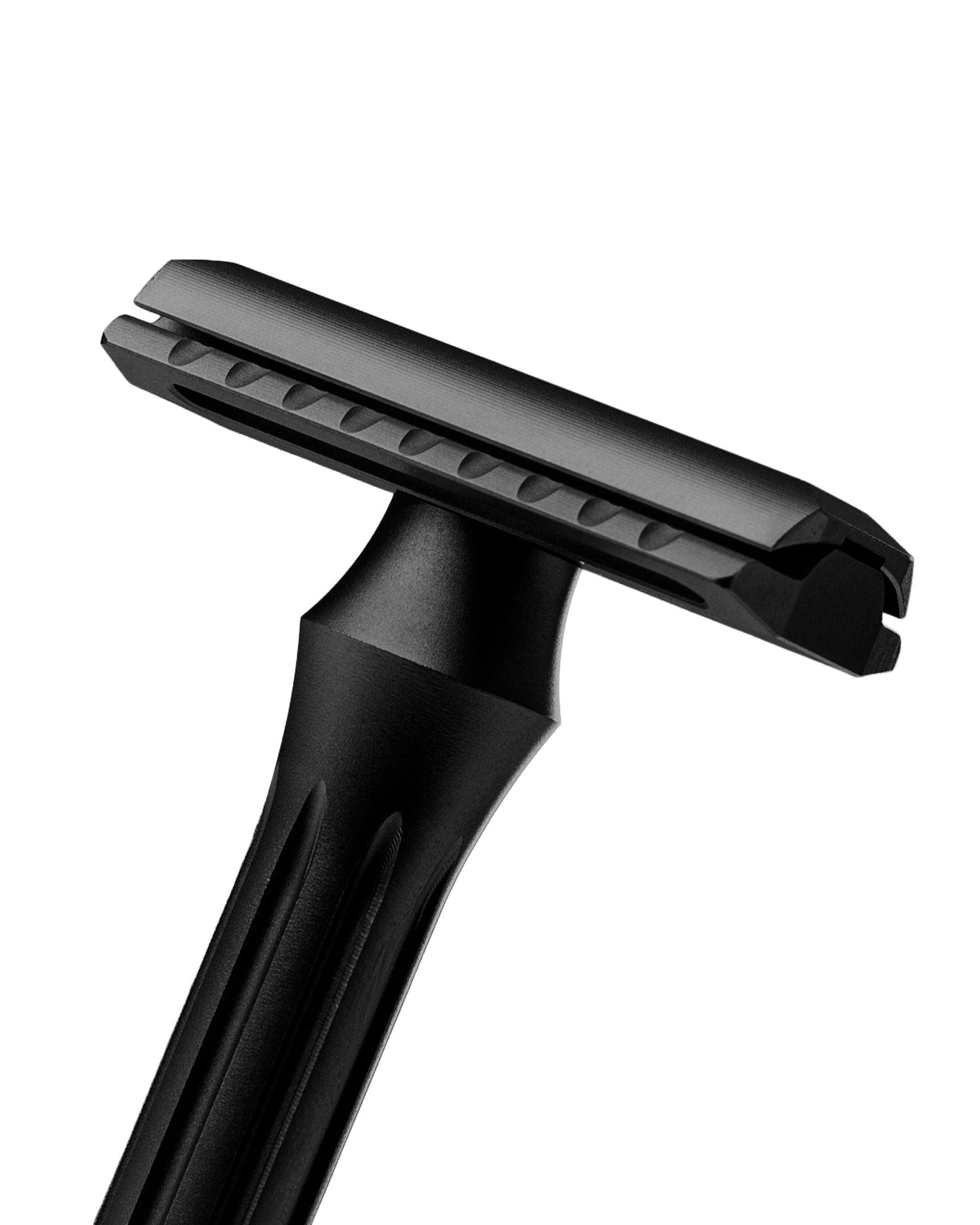 Close-up of the Blackland Razors Blackbird safety razor with a sleek black finish.