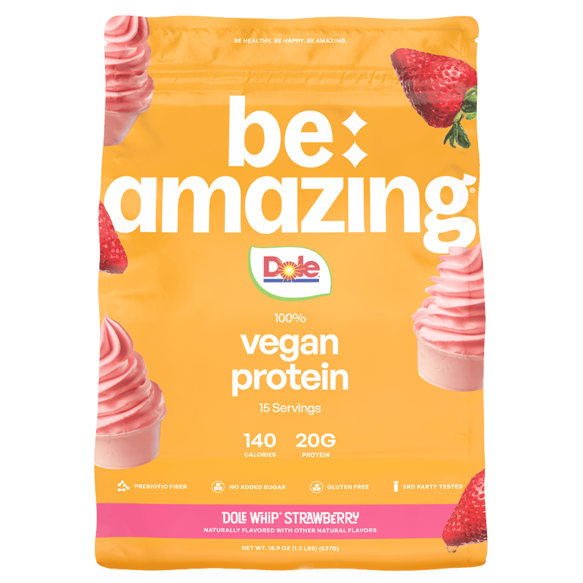 Be Amazing vegan protein powder in strawberry flavor, featuring colorful packaging with a scoop of protein powder and strawberries.