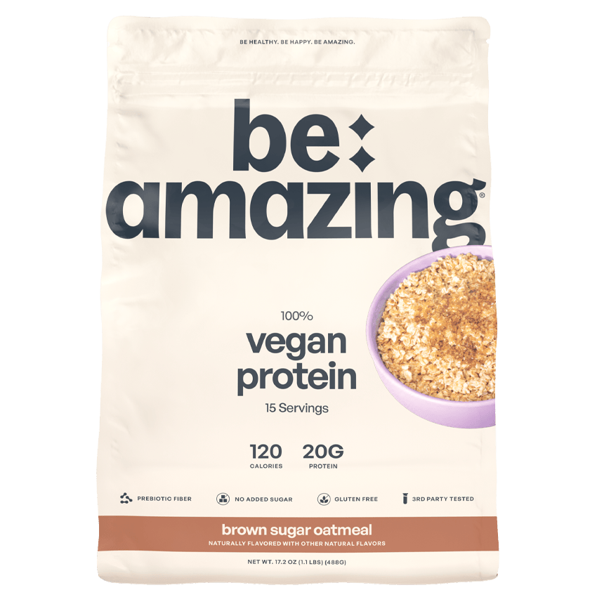 Vegan protein by Be Amazing in brown sugar oatmeal flavor, showing the product container and label with 15 servings.