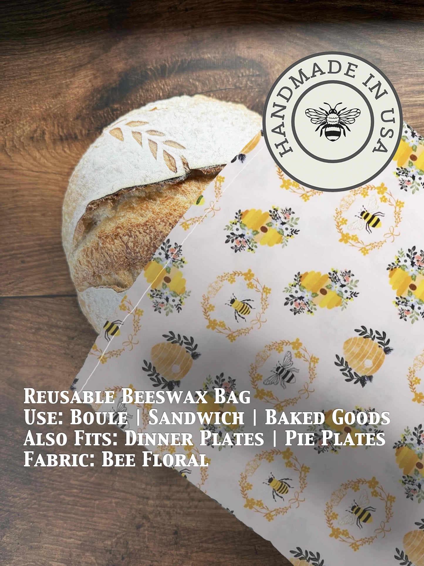 Beeswaxed bread bag from Five Oaks Farm, natural fabric with floral beeswax coating for storing bread and baked goods.