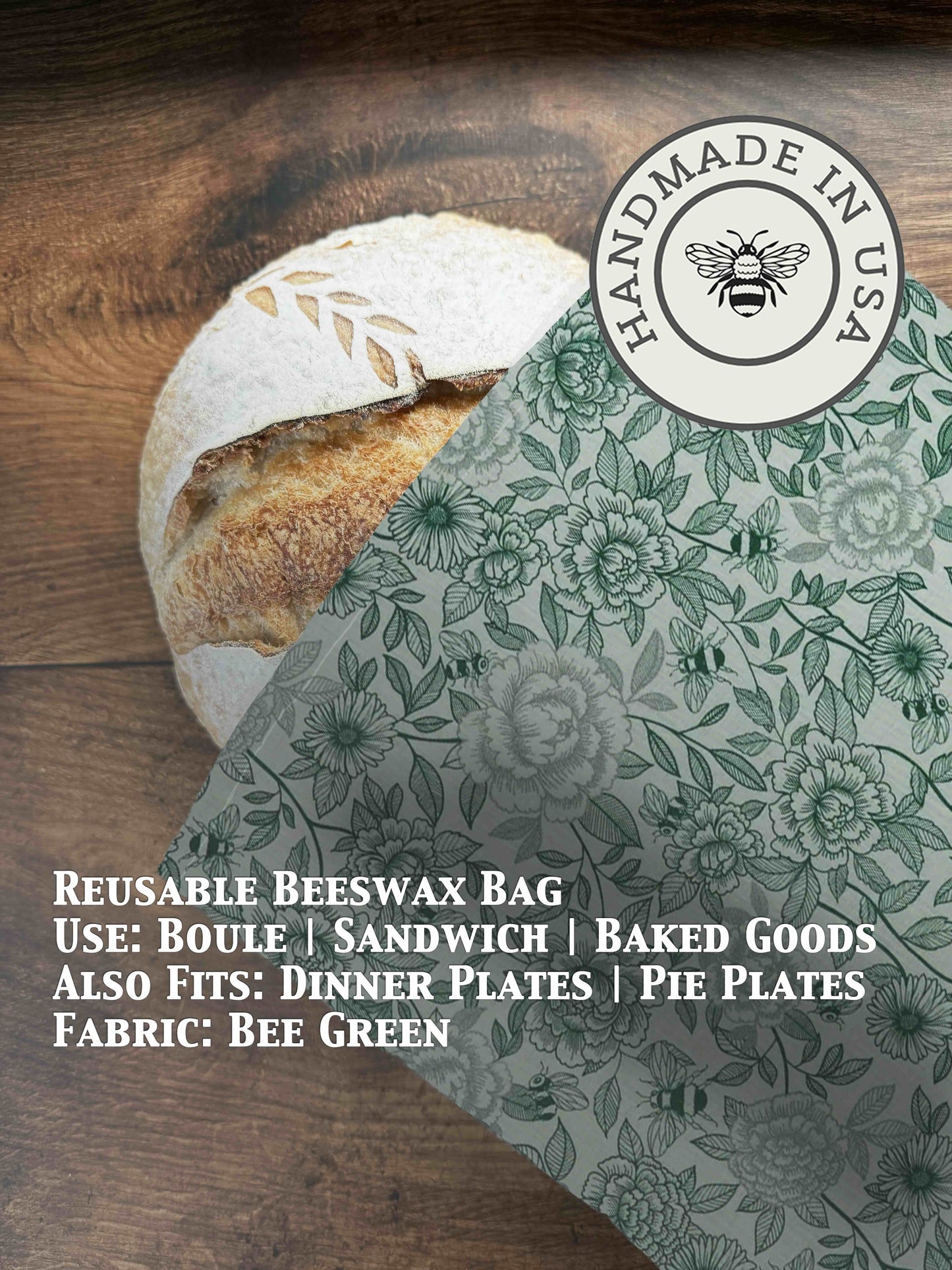 Beeswaxed bread bag from Five Oaks Farm, eco-friendly bread storage with natural beeswax coating, green fabric with farm branding.