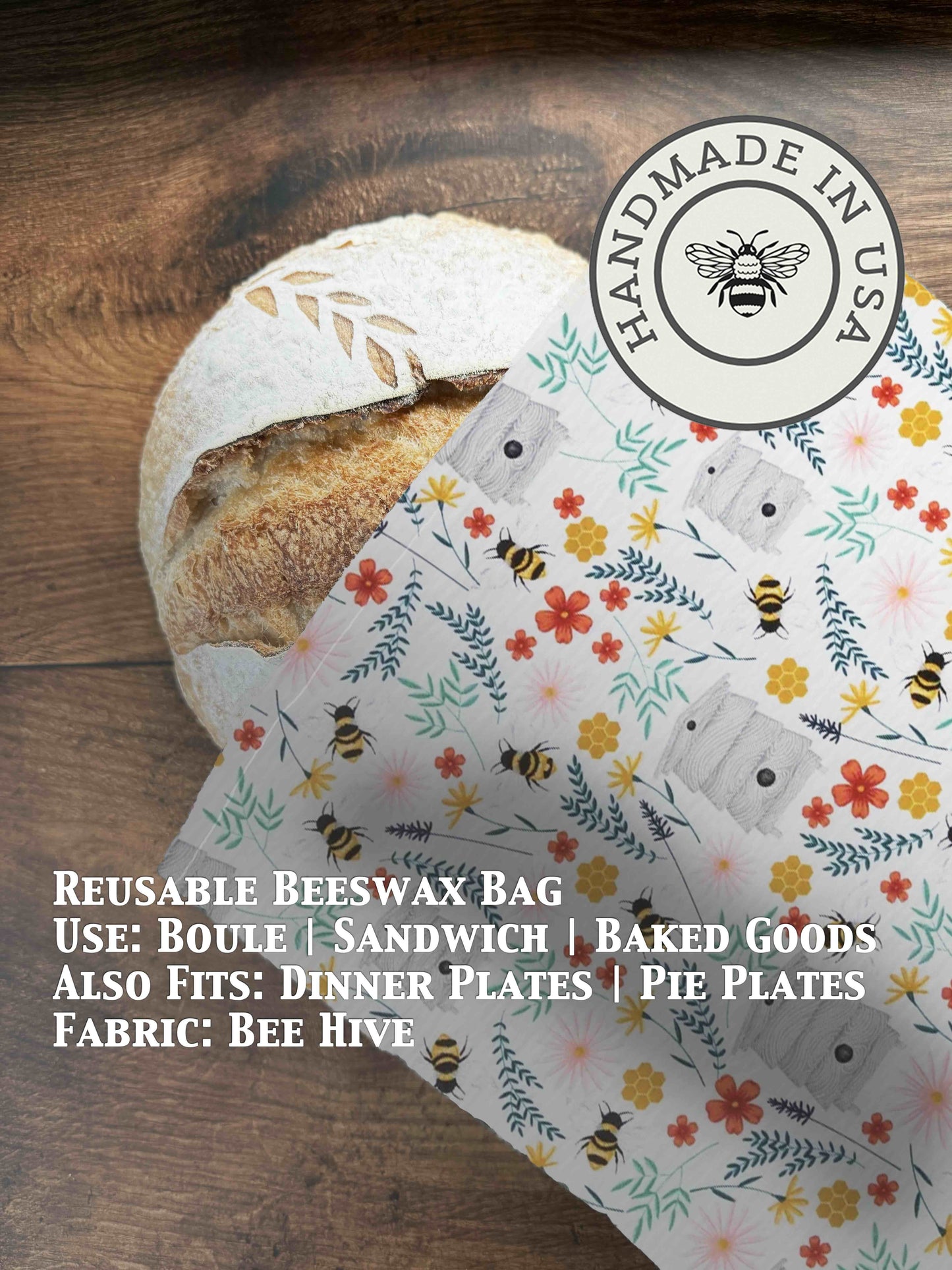 Beeswaxed bread bag from Five Oaks Farm, natural fabric with beeswax coating, ideal for storing fresh bread, with farm-inspired design.
