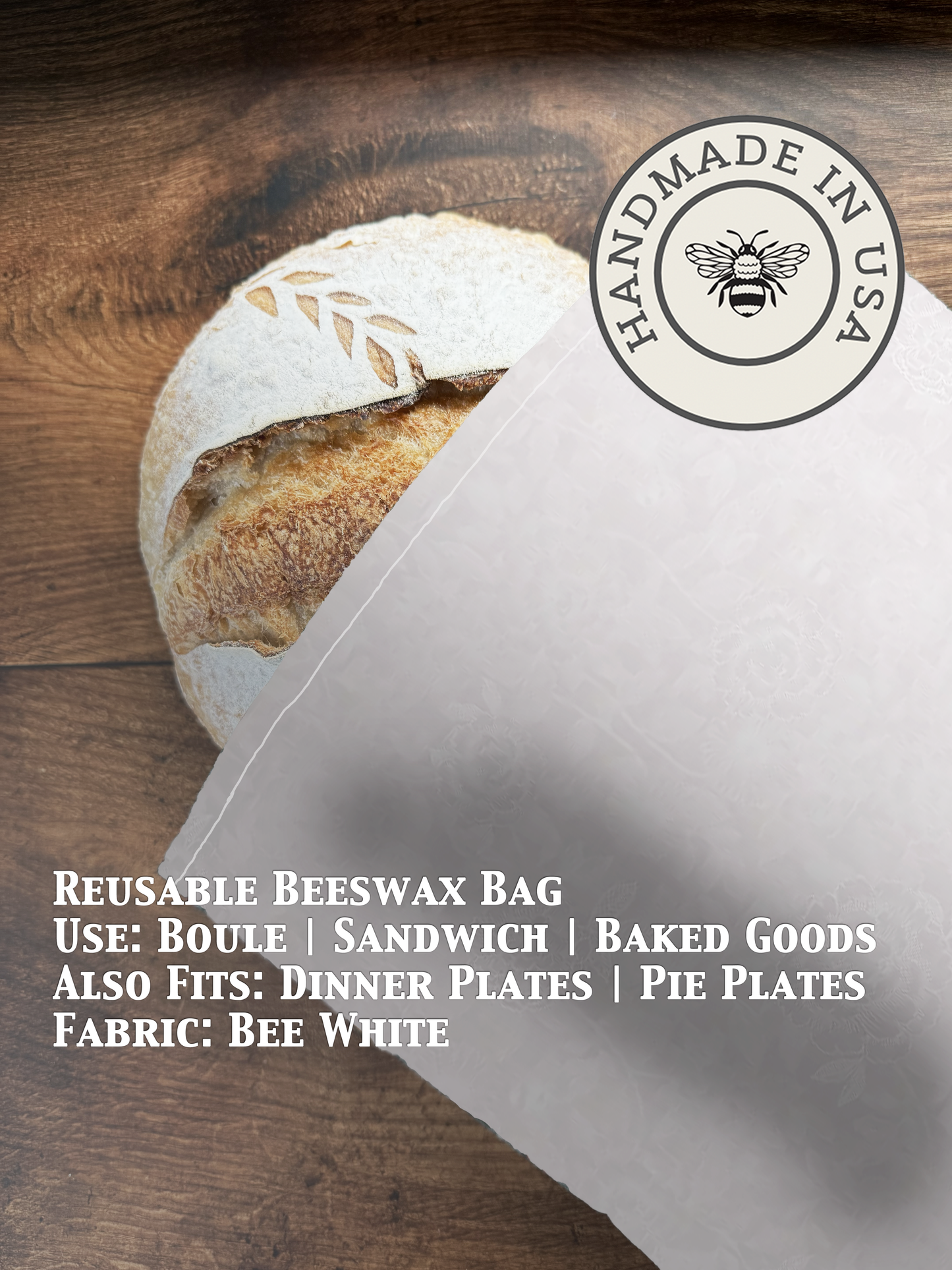 White beeswaxed bread bag from Five Oaks Farm, natural fabric with beeswax coating for storing and protecting bread.