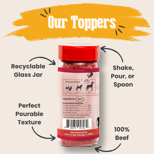 Under the Our Toppers heading, Treat Topper Beef Dog Food Topper by Farm To Pet is shown in a recyclable glass jar, with features like shake/pour/spoon use, perfect pourable texture, and 100% beef ingredients highlighted.