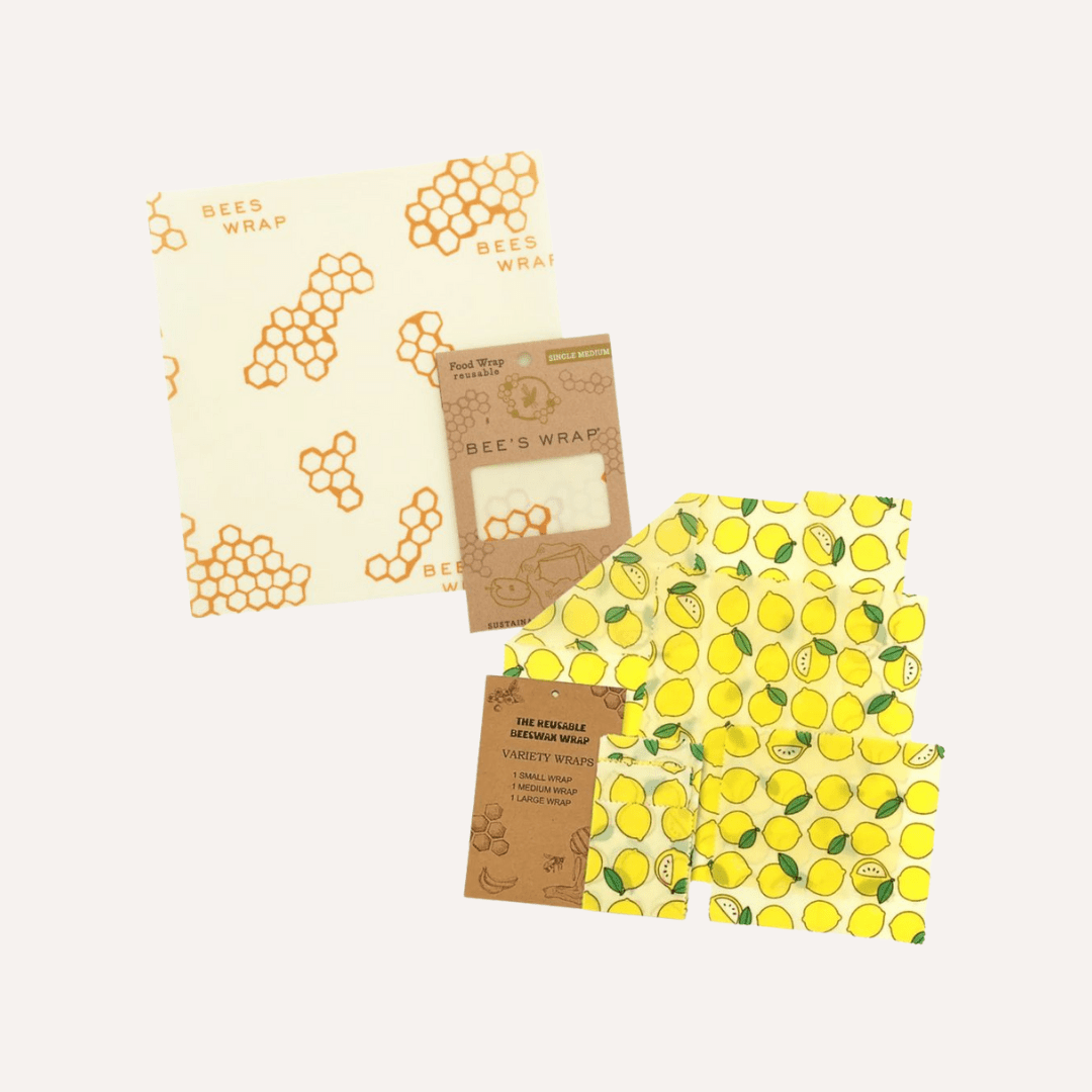 Assorted reusable Tilley + Me beeswax food wraps in various sizes for sustainable food storage, shown in the image.