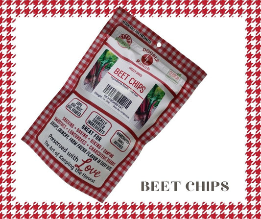 Freeze-dried beet chips from Double L Ranch displayed in a bowl, showcasing vibrant red, crispy beet slices.