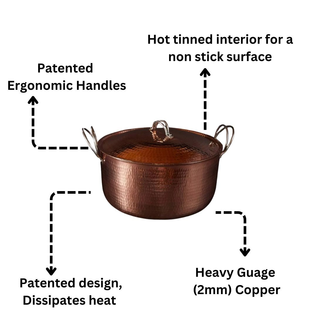 Large copper Dutch oven by Sertodo, showcasing its shiny, durable copper exterior ideal for versatile cooking and heat distribution.