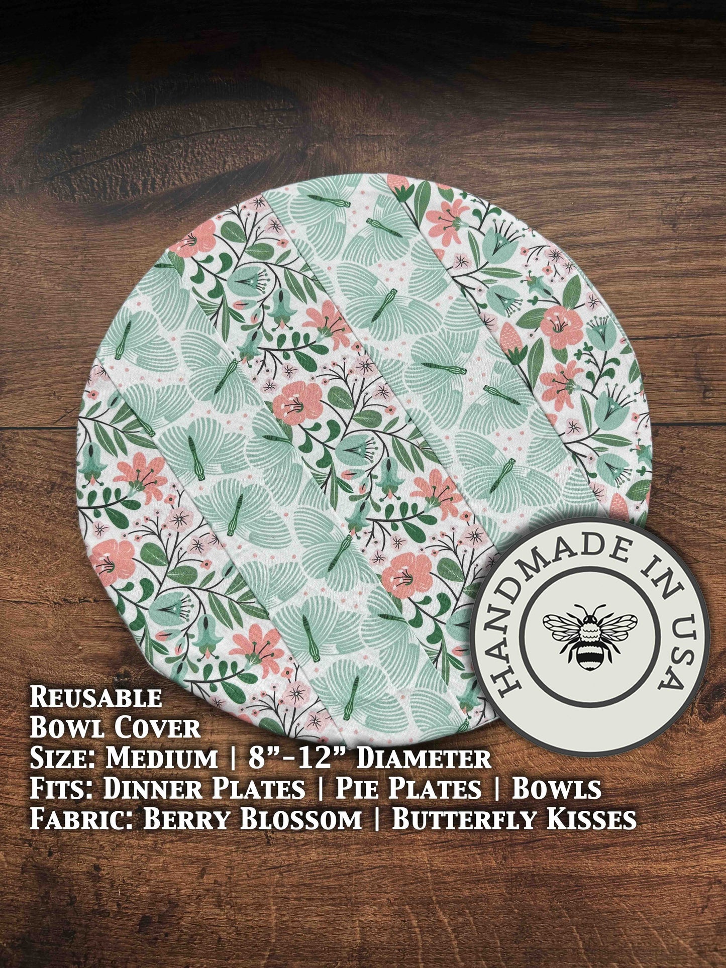 Medium bowl and banneton covers from Five Oaks Farm with berry blossom design, used for bread proofing and dough rising.