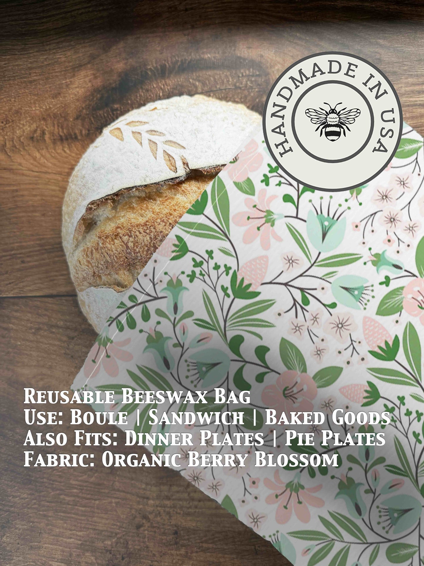 Beeswaxed bread bag from Five Oaks Farm with berry blossom design, eco-friendly storage for fresh bread.