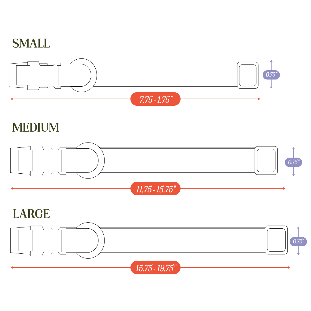 PVC dog collar from Tilley + Me, waterproof and durable, size chart image showing various collar sizes and measurements.
