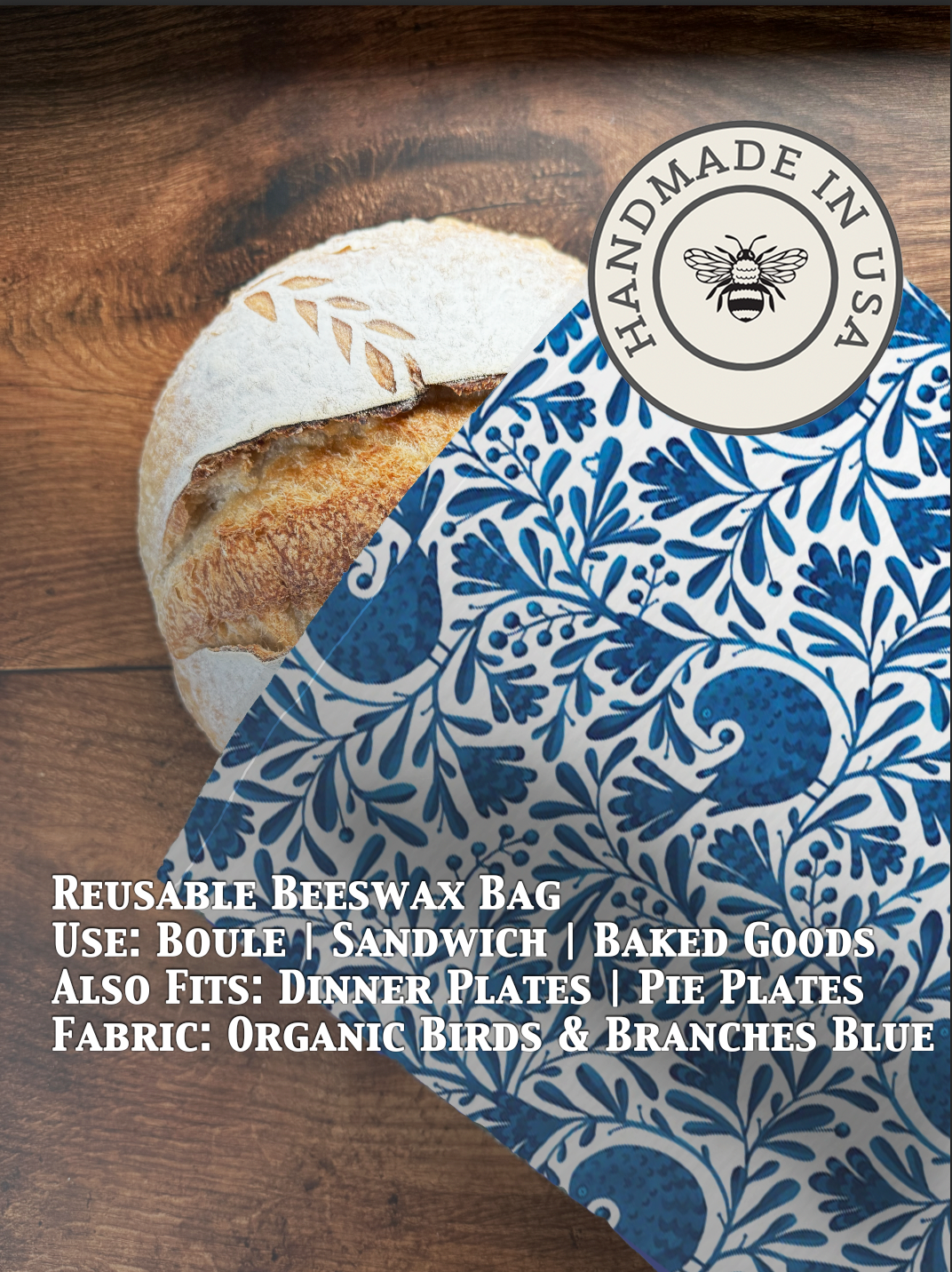 Blue beeswax bread bag with bird and branch design from Five Oaks Farm, made for storing bread naturally and sustainably.
