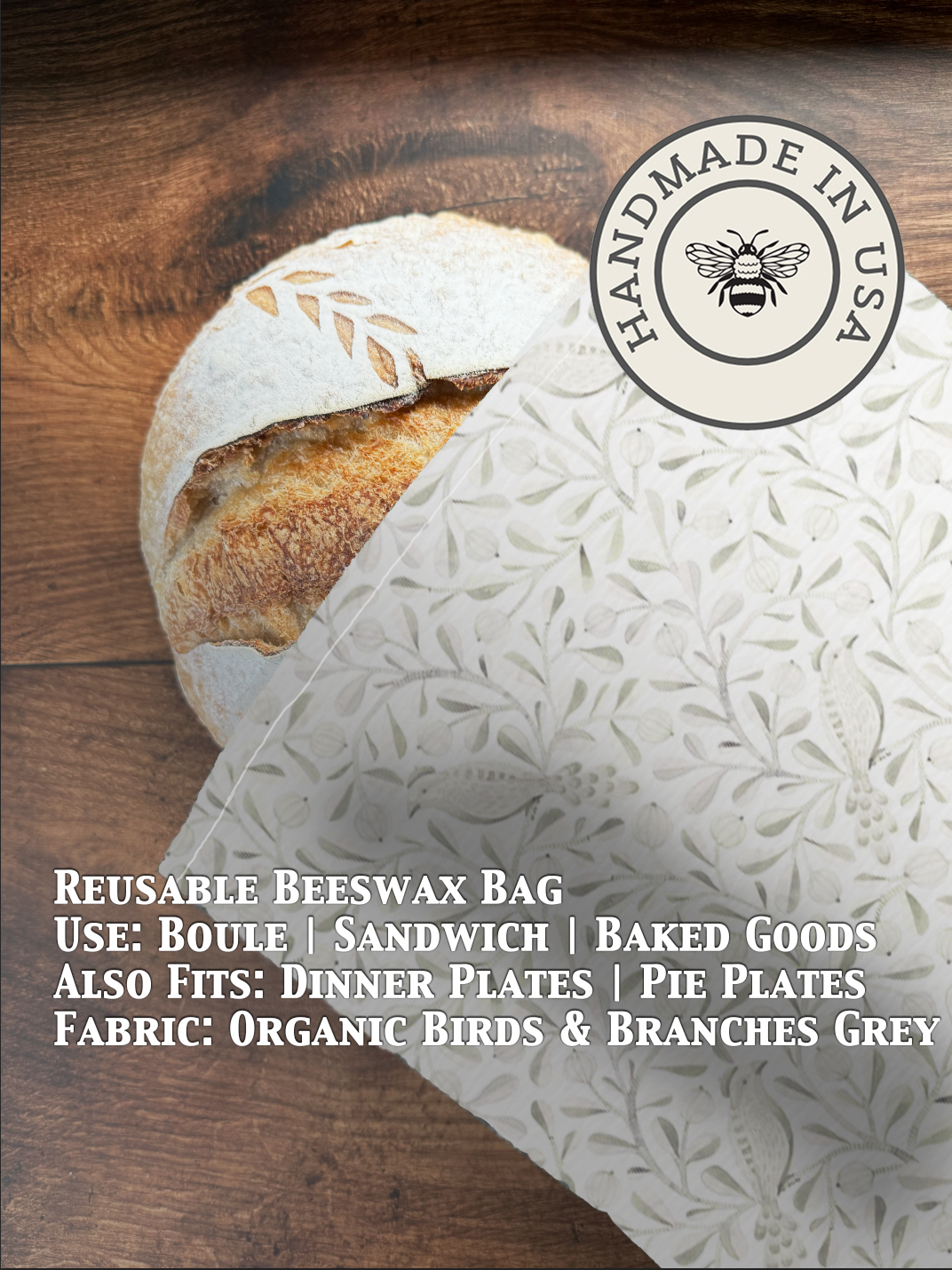 Beeswaxed bread bag from Five Oaks Farm with bird and branch design on grey fabric, eco-friendly and reusable bakery storage.
