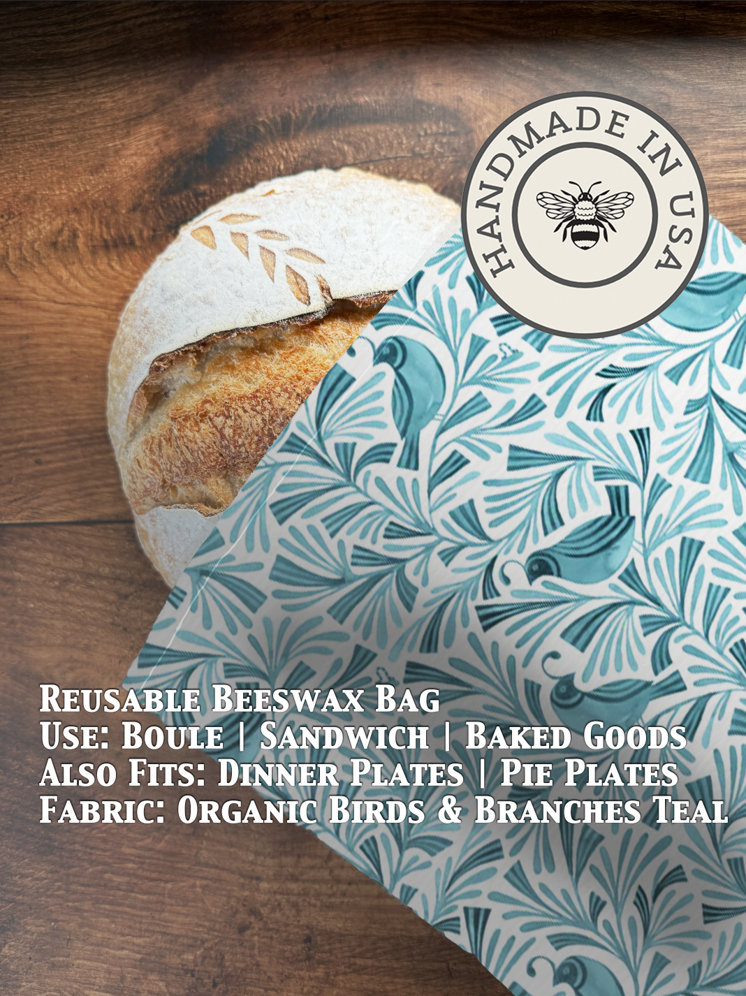 Teal beeswaxed bread bag from Five Oaks Farm with bird and branch design, eco-friendly and reusable for bread storage.