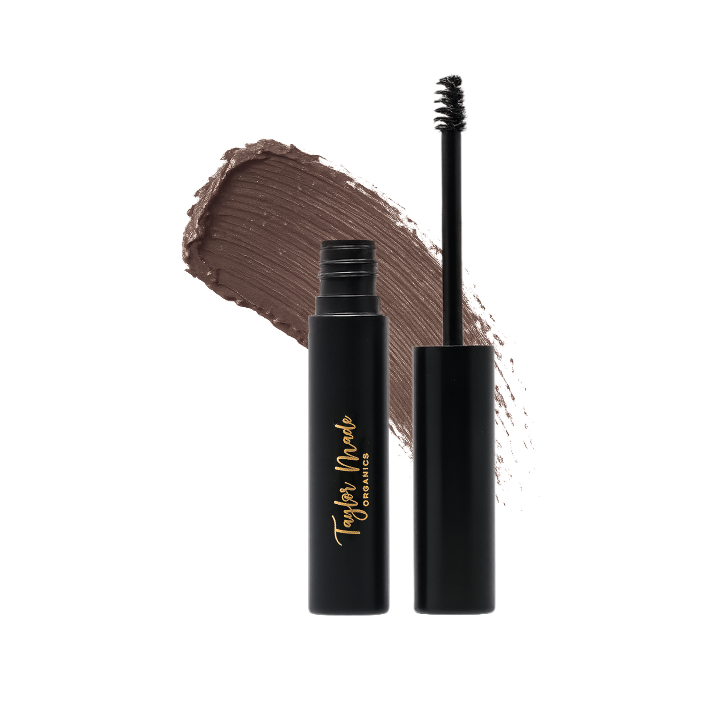 Black and brown Taylor Made Organics brow gel smear showing tinted, tame eyebrows with natural finish.