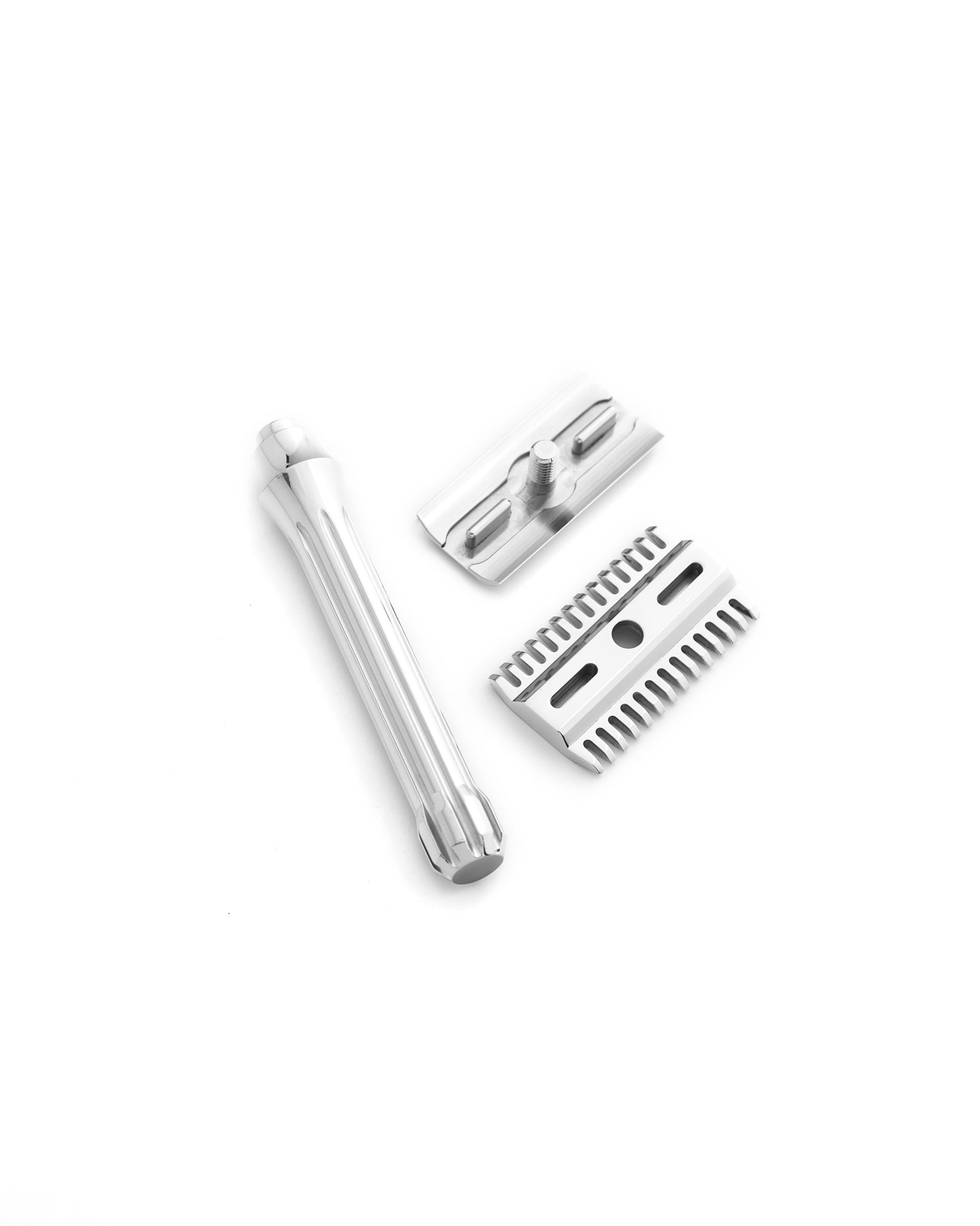 Blackland Razors Blackbird stainless steel safety razor with textured handle and closed comb design on a white background.