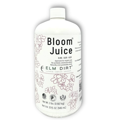 A white bottle labeled Bloom Juice - Our Award-Winning Formula for Spectacular Flowers by Elm Dirt with floral designs. The black text highlights its 32 fl oz (946 ml) of liquid plant fertilizer for organic gardening, weight 2 lbs.