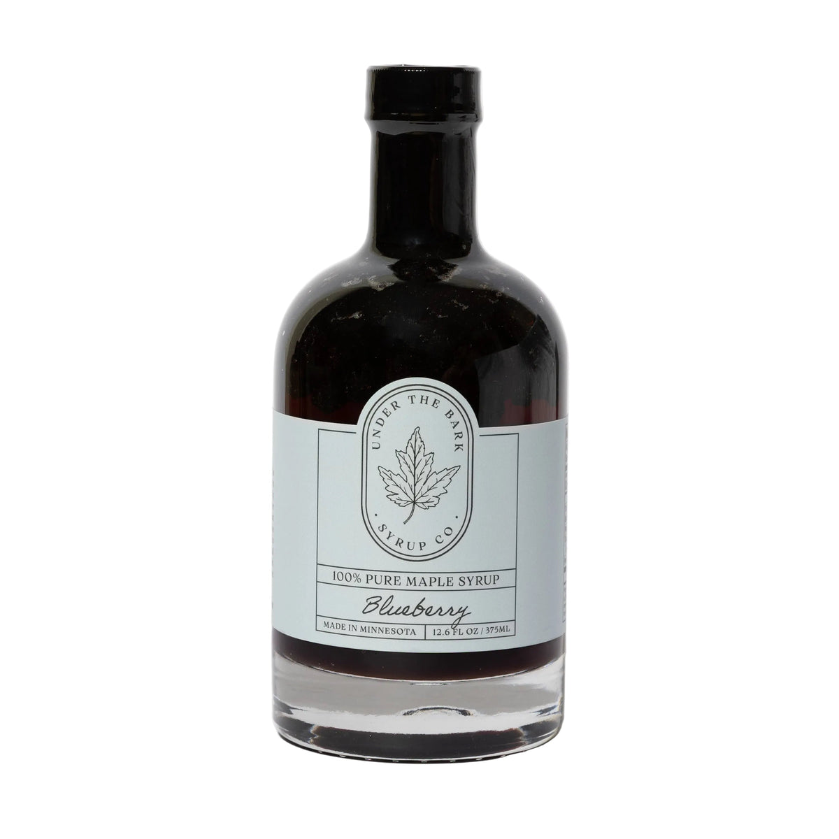 12oz bottle of Blueberry Maple Syrup by Under The Bark Syrup Co, featuring rich blueberry and maple flavors in a glass bottle.
