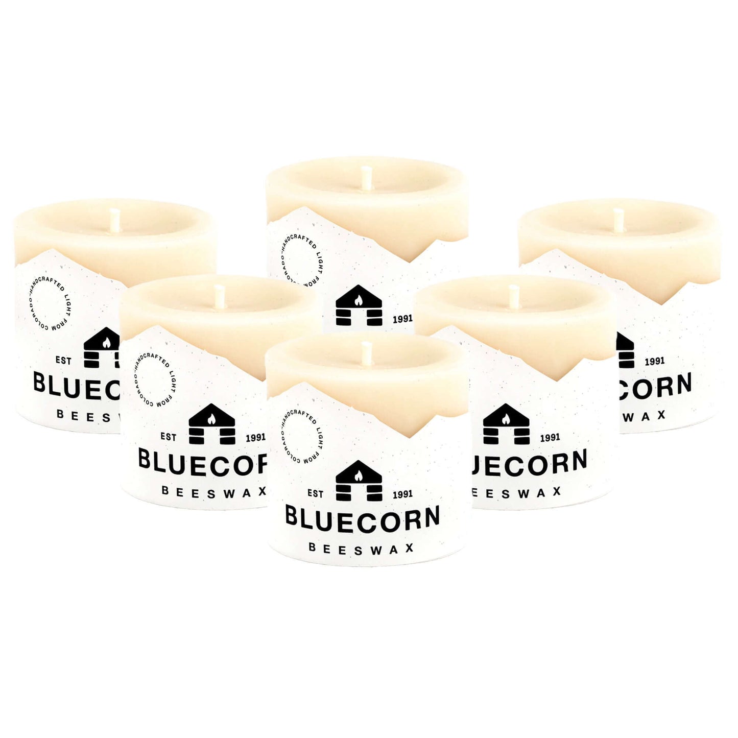 Set of six ivory beeswax pillar candles by Bluecorn Candles, 3-inch height, natural white color, perfect for home decor and ambiance.