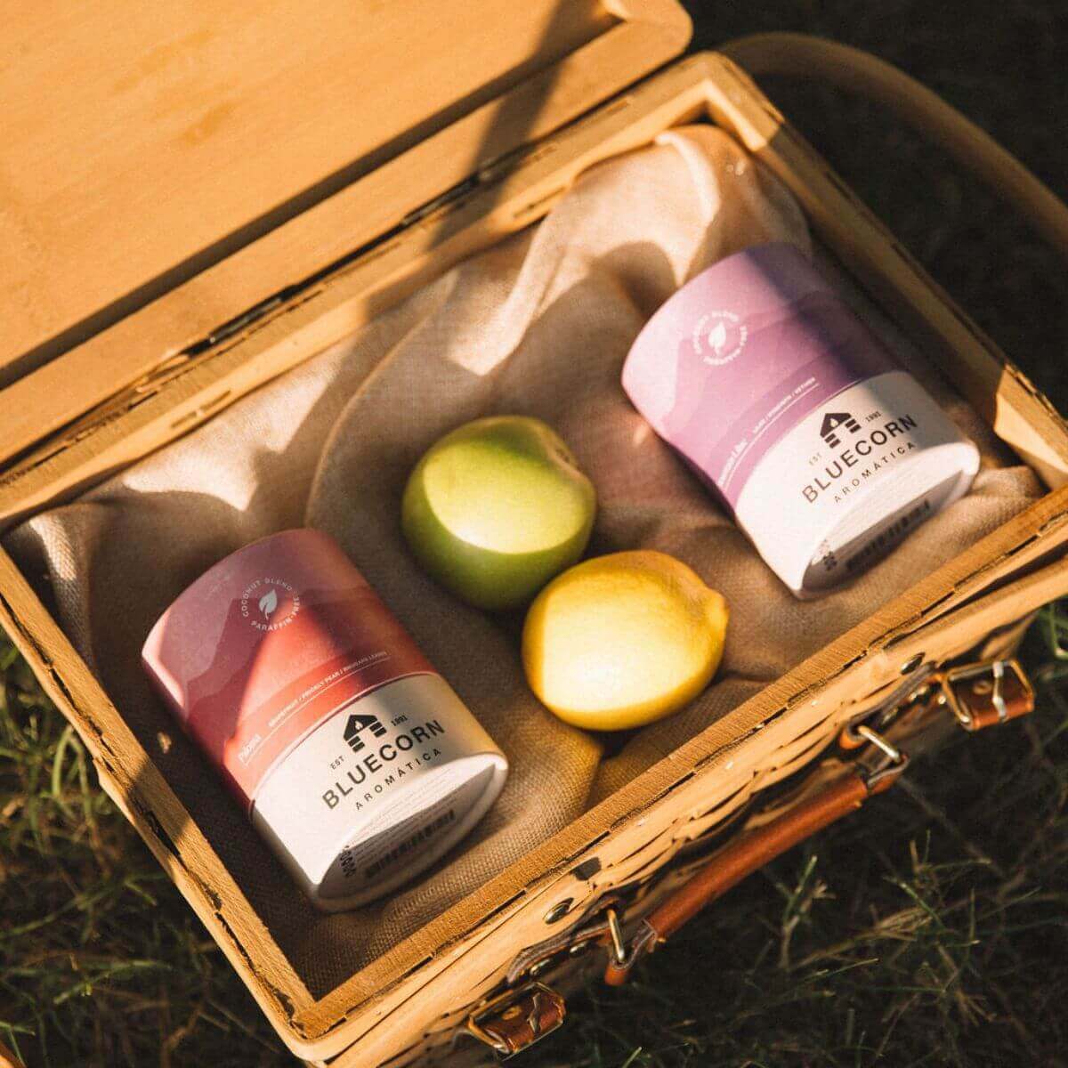 Bluecorn Candles Paloma Aromática scented candle in glassware, handmade and non-toxic, perfect for fall ambiance.