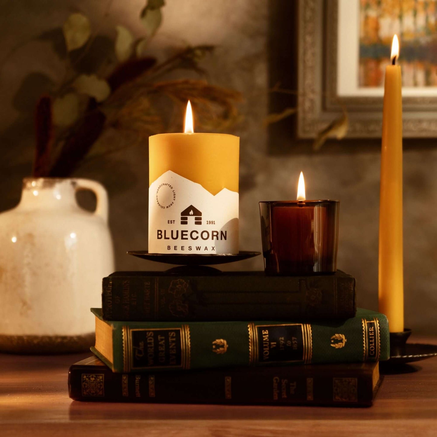 Bluecorn Beeswax Taper Candles in a bulk 4-pair bundle, showcasing natural hand-dipped beeswax tapers for fall decor.