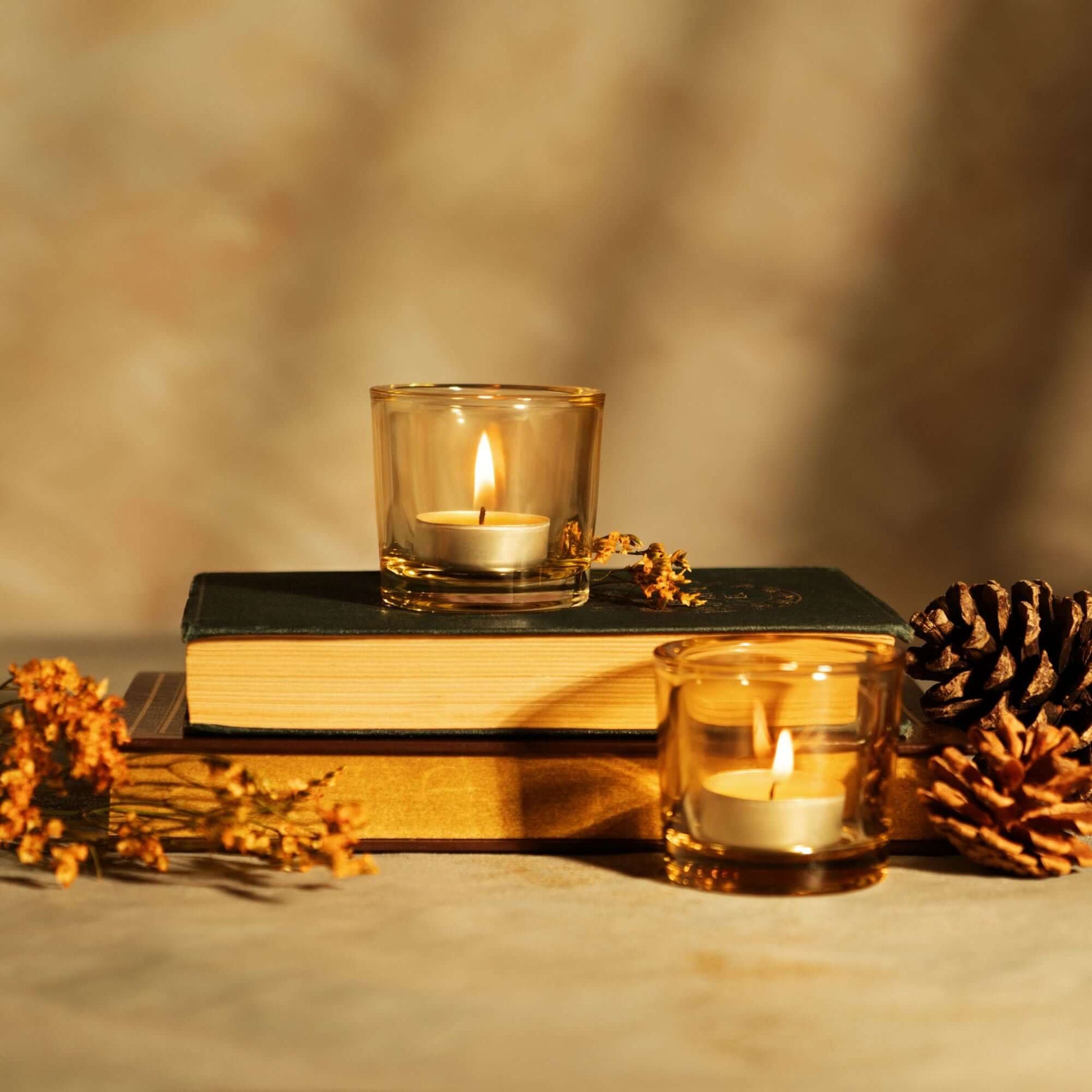 Set of Bluecorn Candles pure beeswax tea light candles in glass votive holders, perfect for cozy fall and winter ambiance.