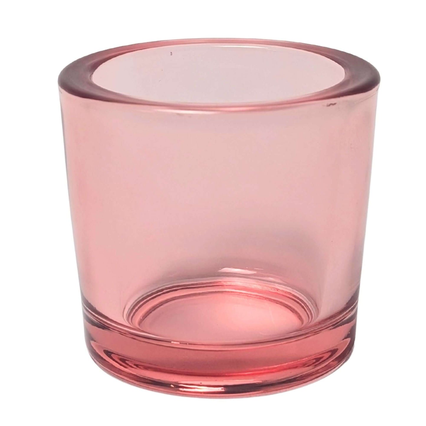 Pink recycled glass votive candle holder by Bluecorn Candles, with a smooth, rounded design and transparent finish.