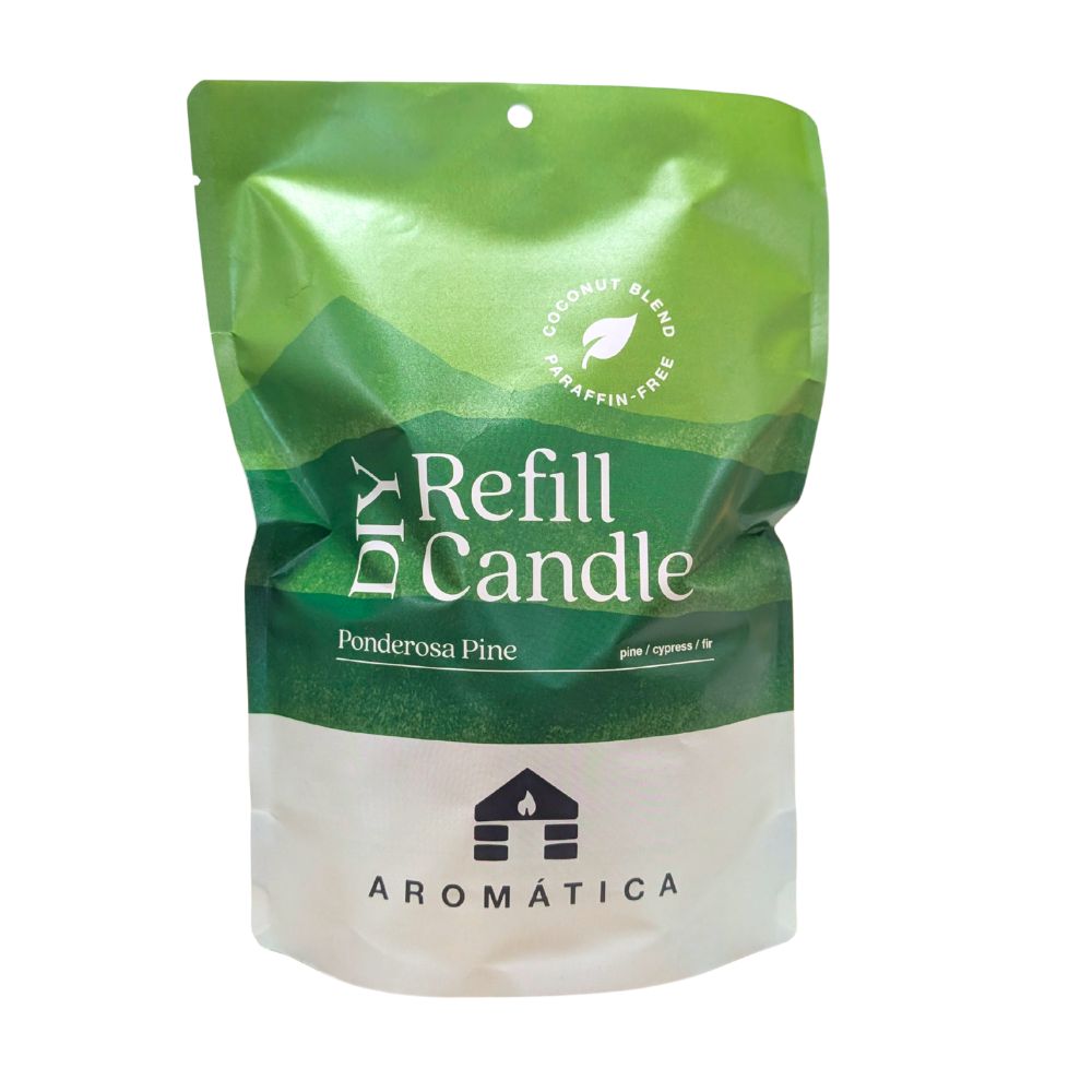 Bluecorn Candles Aromática DIY scented candle gift set with pine-scented refill kit in glassware on white background.