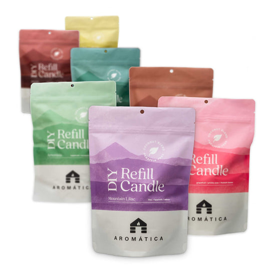 Bluecorn Candles Aromática scented candle refill kit for DIY candle making, includes wax, wicks, and fragrance components.