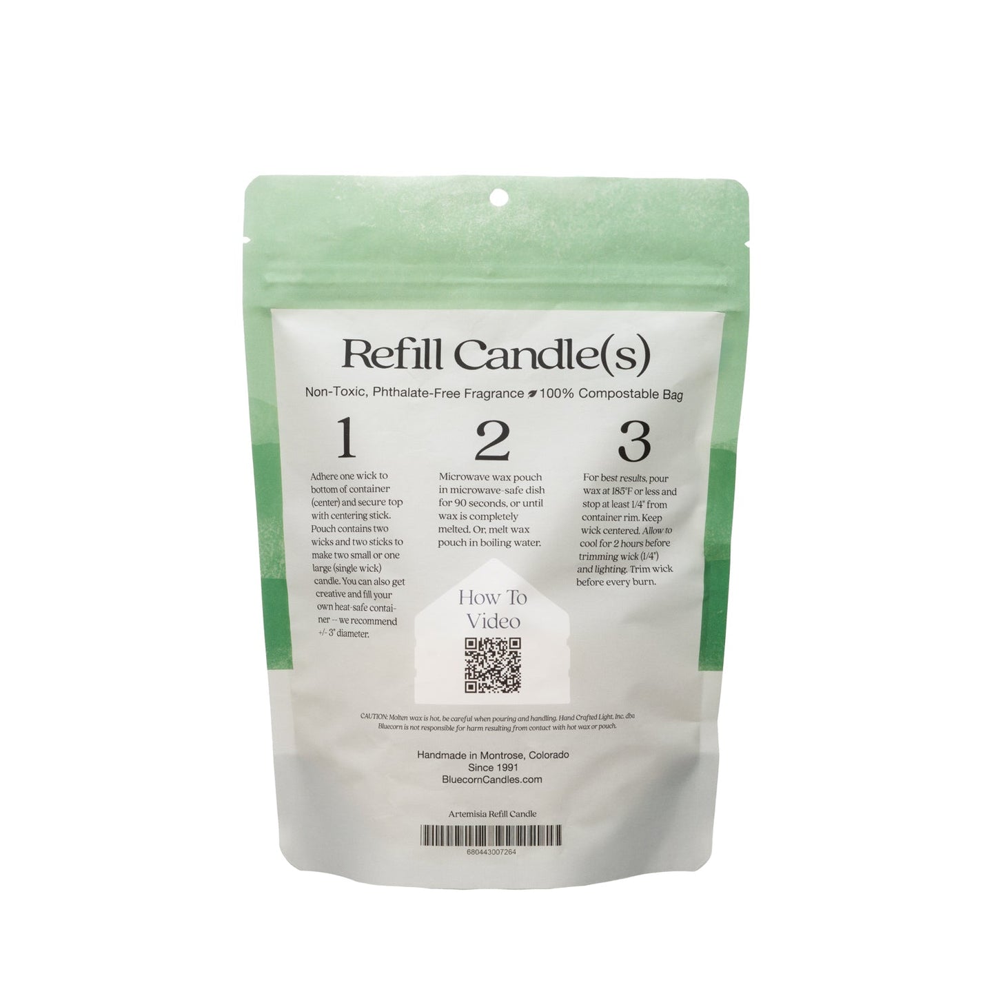 Bluecorn Candles Aromática scented candle refill kit with instructions and natural candle ingredients for refilling and reusing.