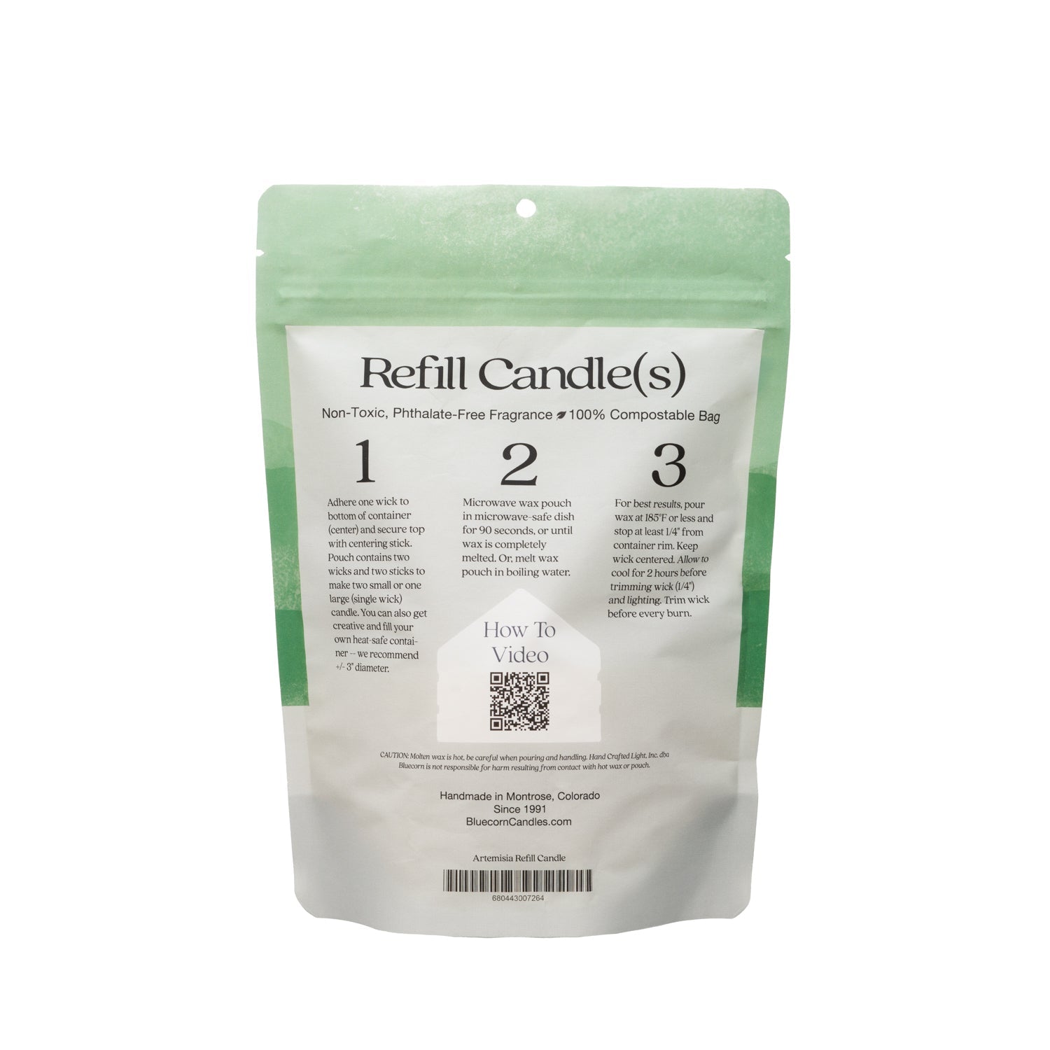 Bluecorn Candles Aromática scented candle refill kit with instructions and natural candle ingredients for refilling and reusing.