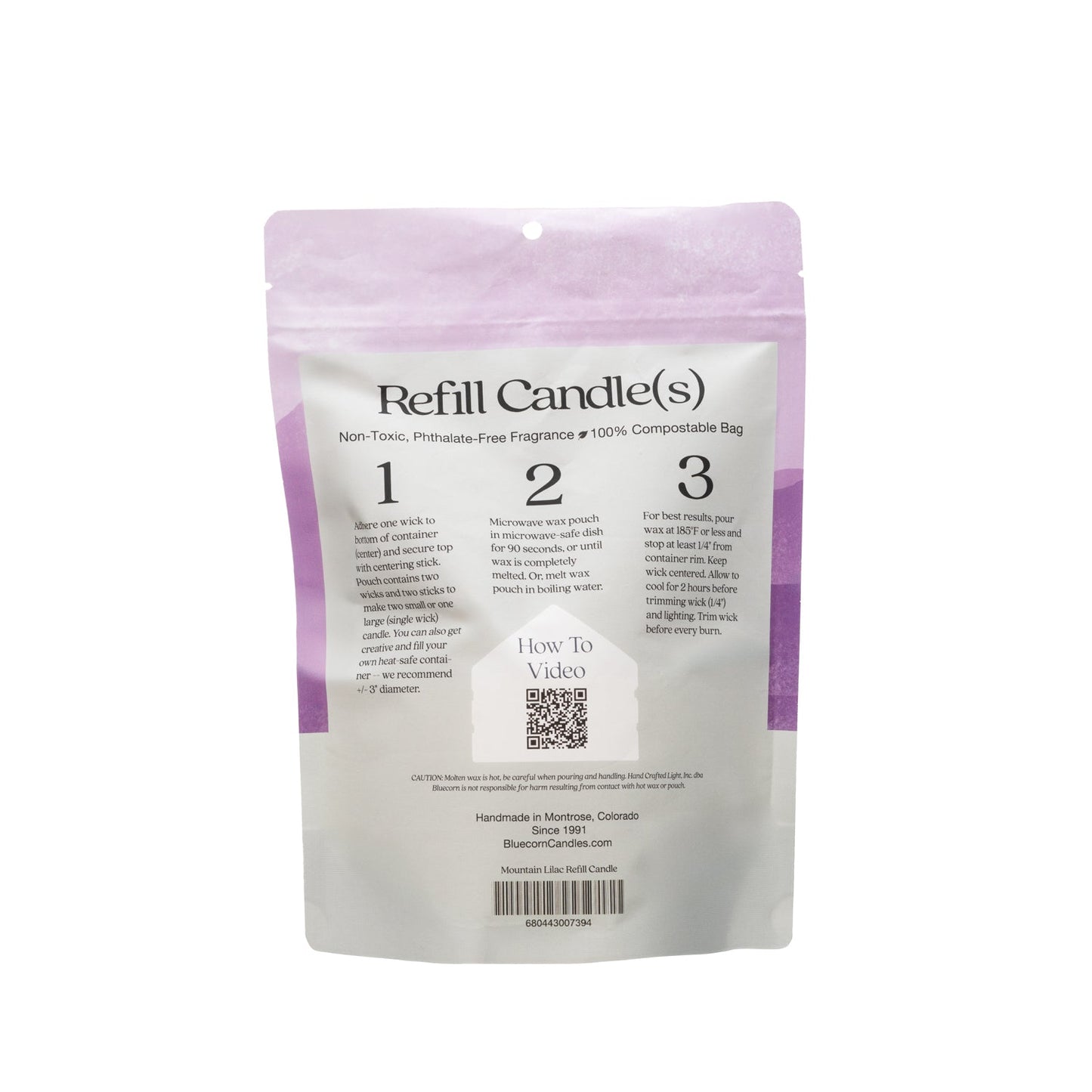 Bluecorn Candles Aromática scented candle refill kit with mountain lilac scent, shown with refill components and instructions.