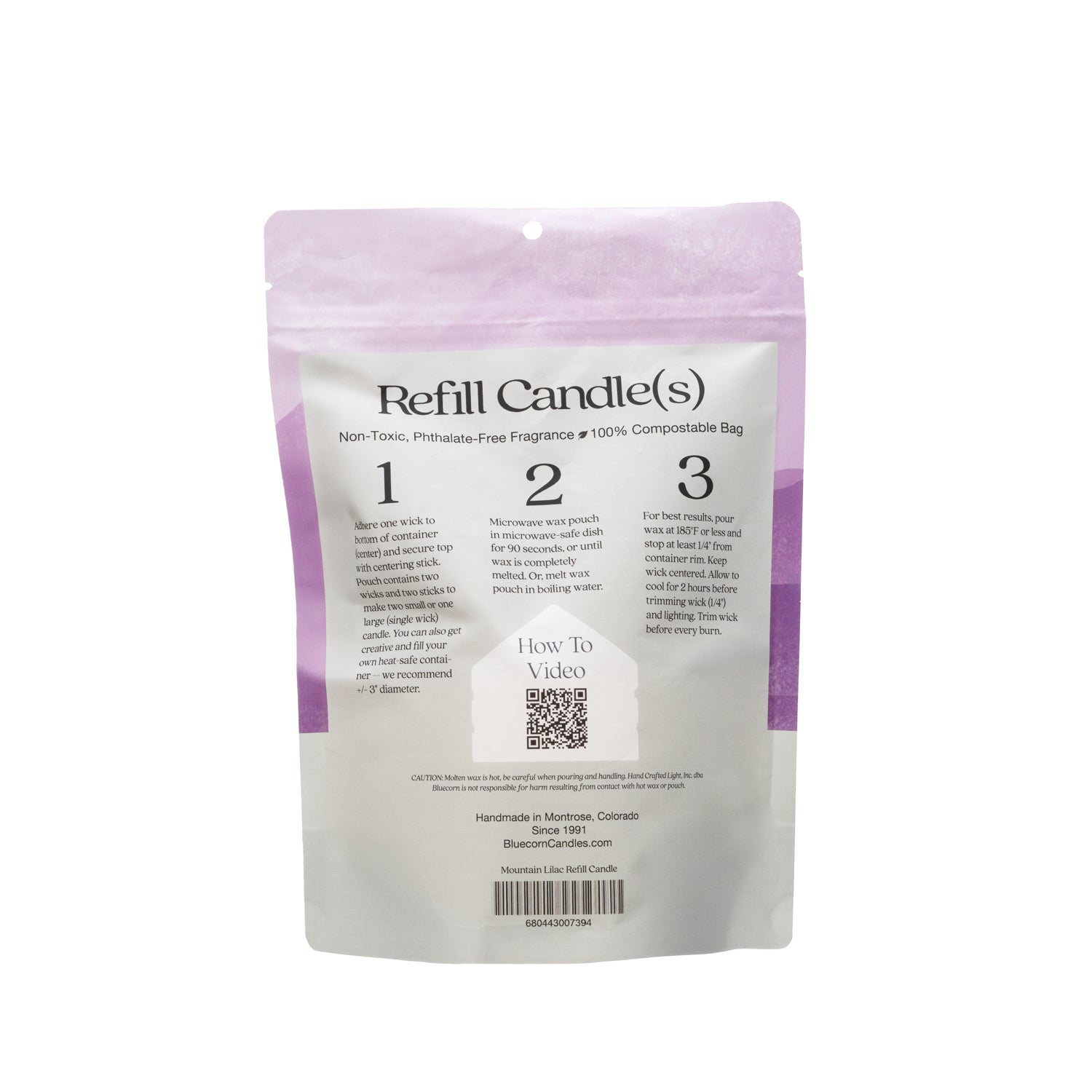 Bluecorn Candles Aromática scented candle refill kit with mountain lilac scent, shown with refill components and instructions.