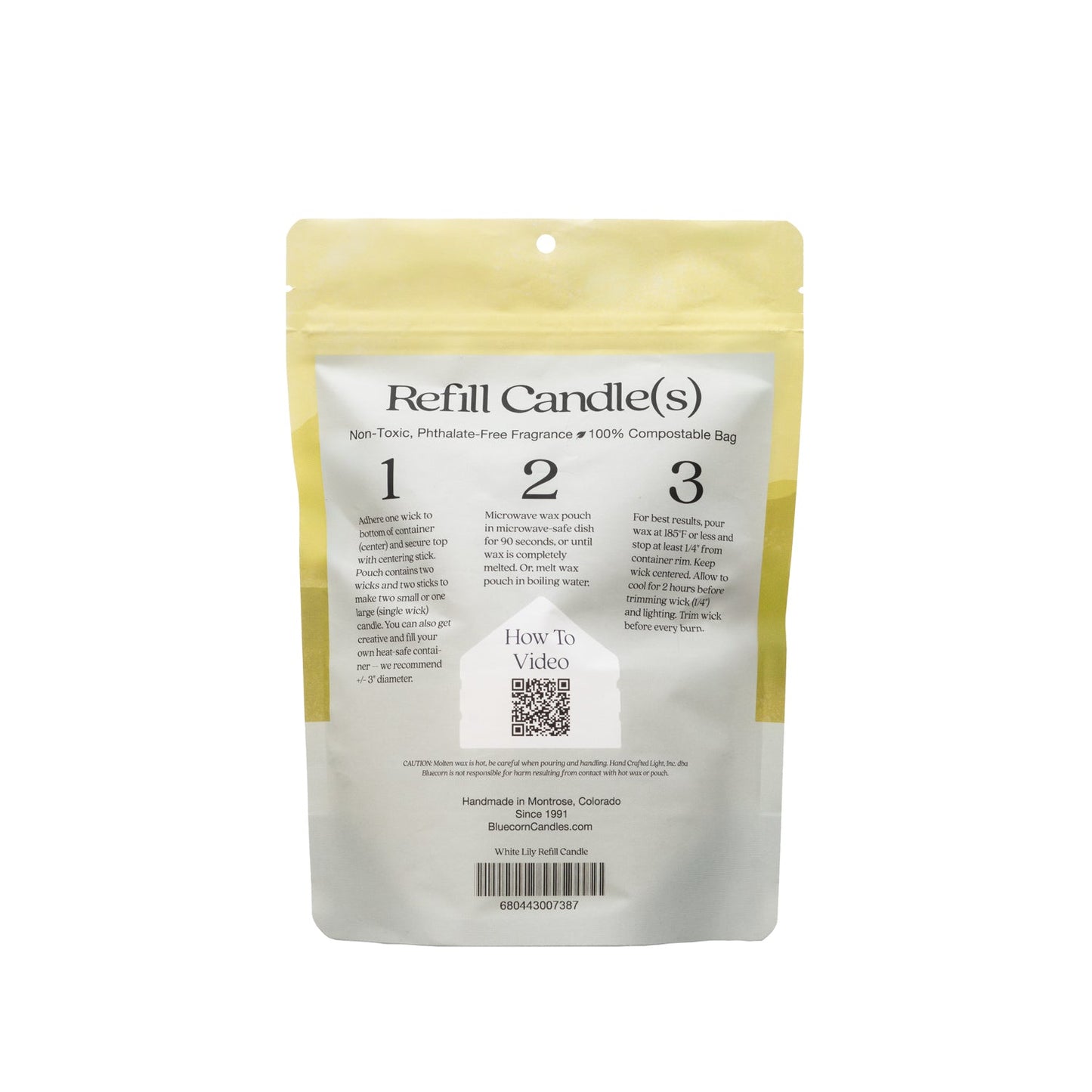 Bluecorn Candles Aromática scented candle refill kit with white lily fragrance, including instructions and refill components.