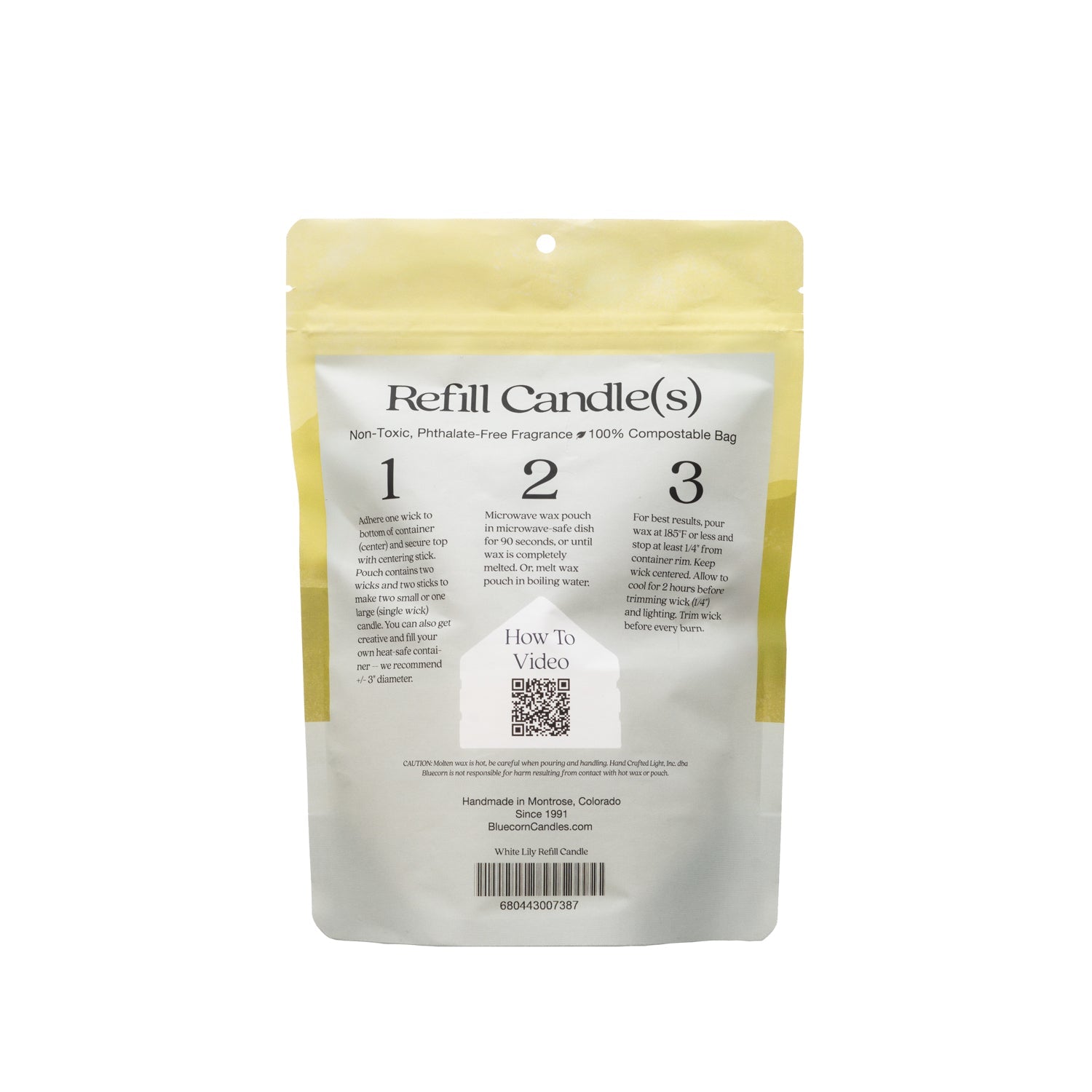 Bluecorn Candles Aromática scented candle refill kit with white lily fragrance, including instructions and refill components.