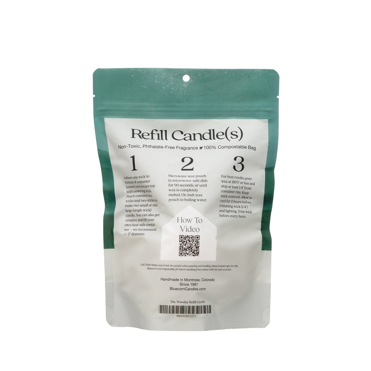 Bluecorn Candles Aromática scented candle refill kit with woodsy pine scent and instruction guide.