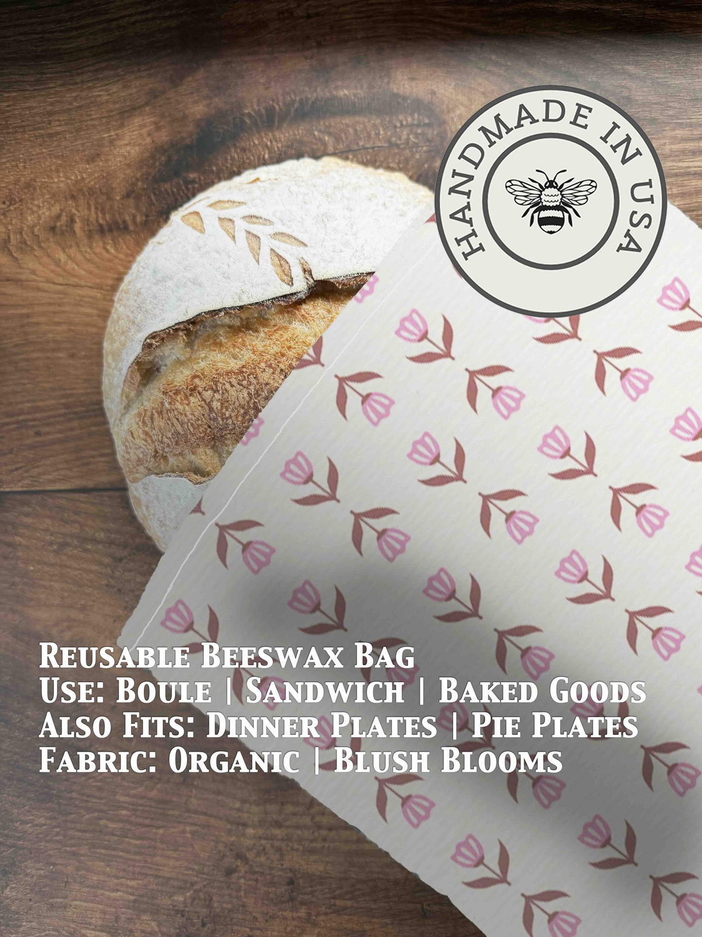 Beeswaxed bread bag from Five Oaks Farm with blush floral design, reusable storage for bread and baked goods.
