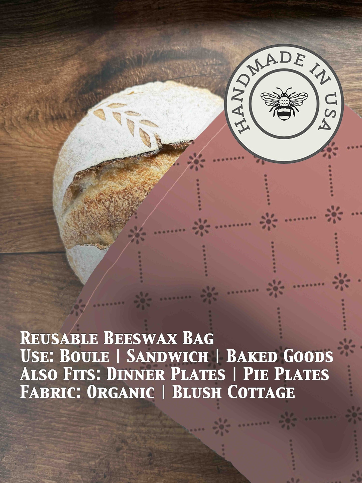 Beeswaxed bread bag from Five Oaks Farm in soft blush color, designed for storing fresh bread with natural, eco-friendly materials.