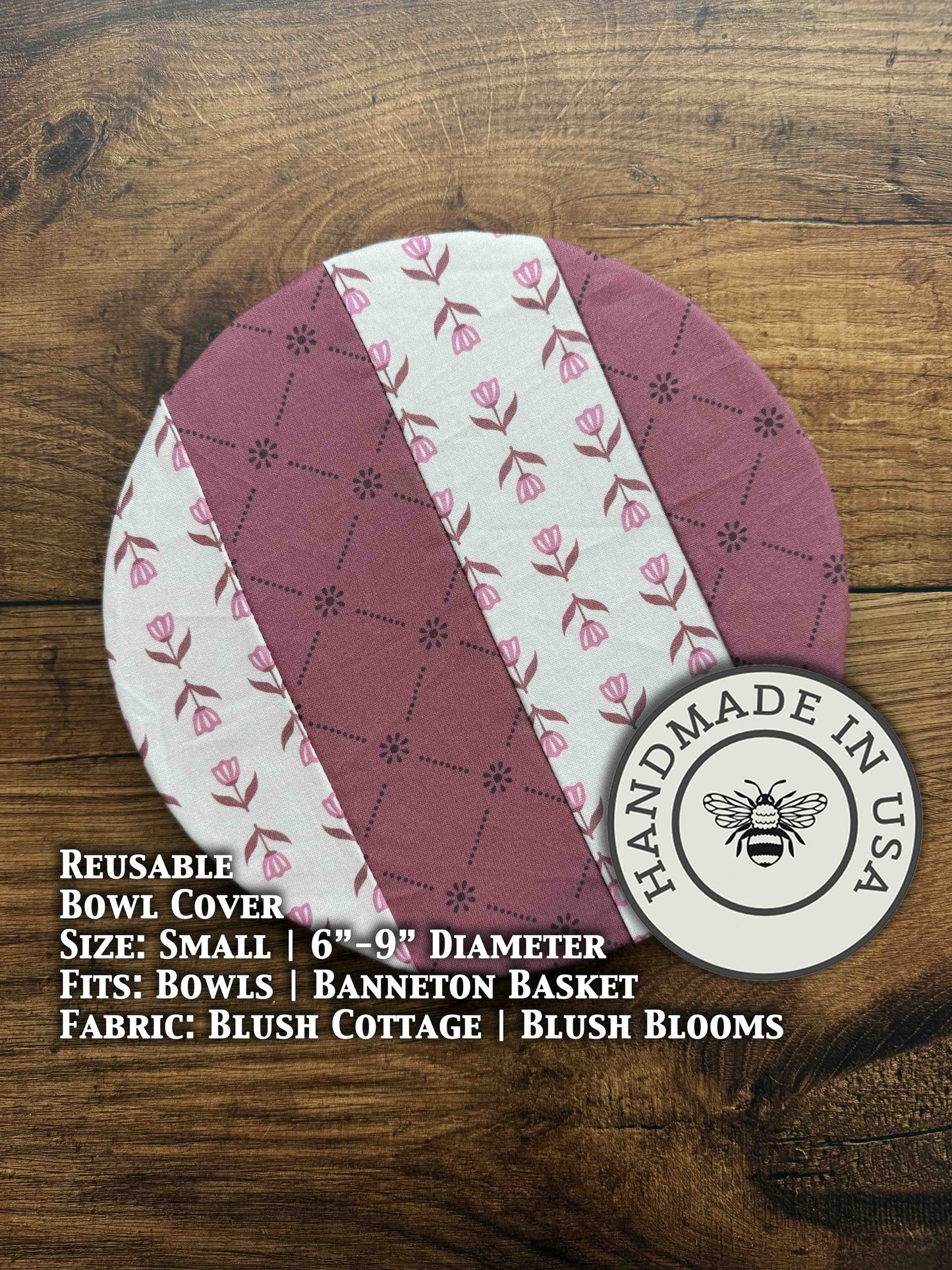 Small bowl and banneton covers from Five Oaks Farm, blush-colored with rustic fabric design, for baking and bread proofing.