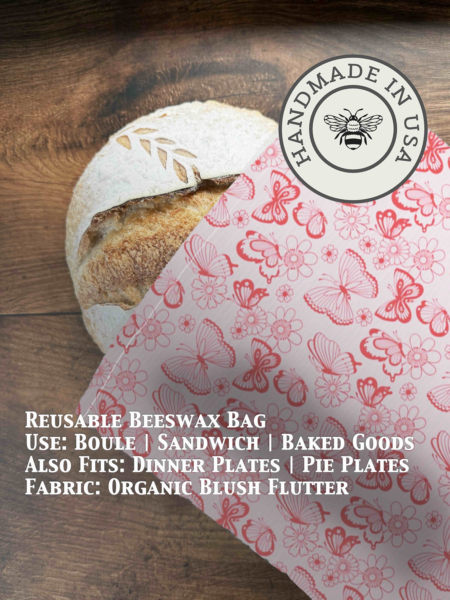 Beeswaxed bread bag from Five Oaks Farm with blush pink flutter design, natural cotton material, ideal for storing bread.