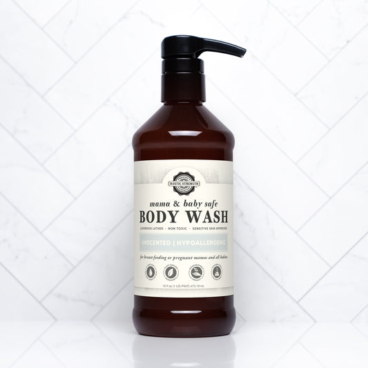Rustic Strength moisturizing body wash in a 16 oz bottle, safe for baby and gentle on skin, with a soothing, natural fragrance.