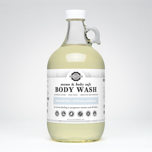 Rustic Strength moisturizing body wash in a half-gallon container, gentle and safe for babies and sensitive skin.