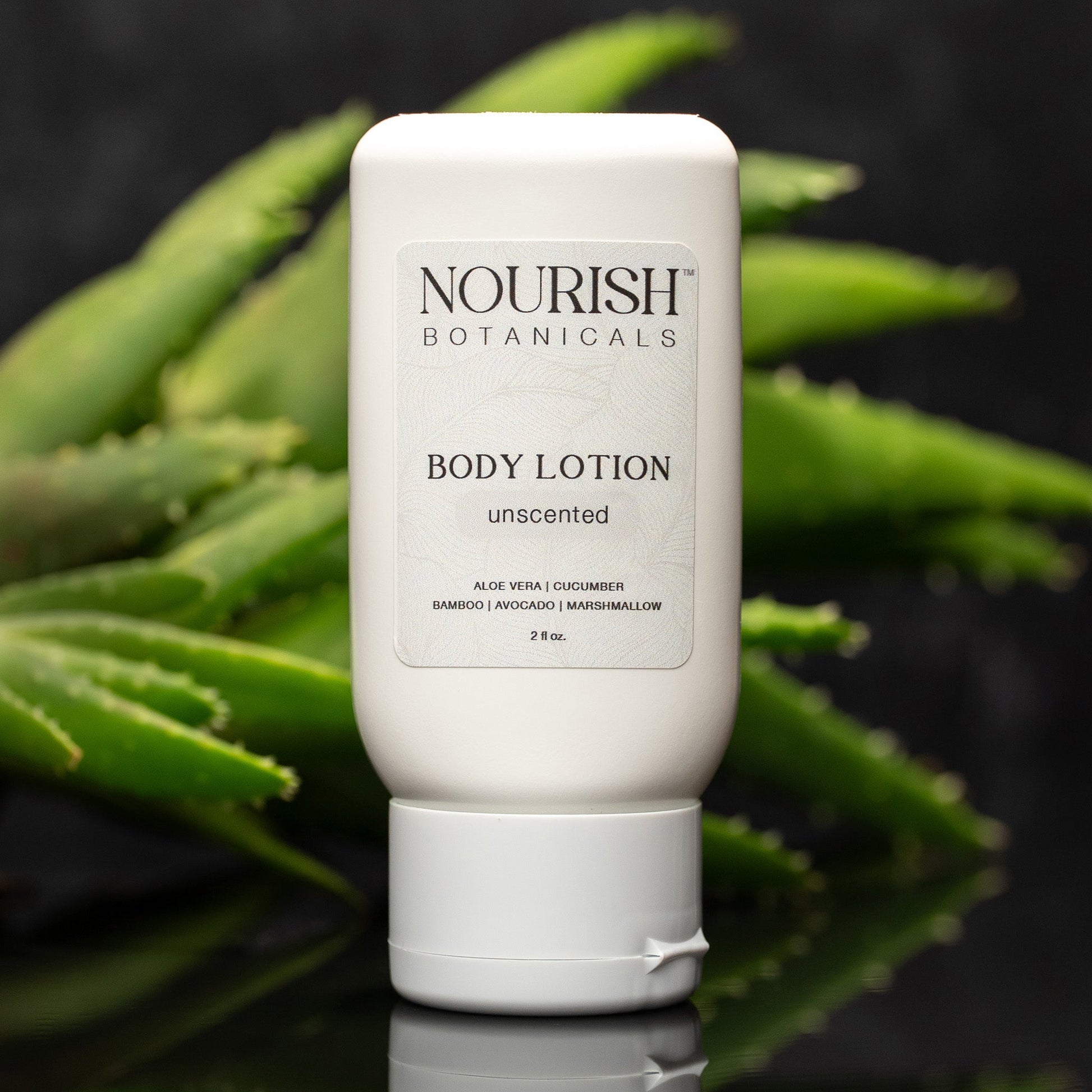 Rustic Strength unscented aloe vera body lotion in a 2 oz bottle, smooth and hydrating for sensitive skin.