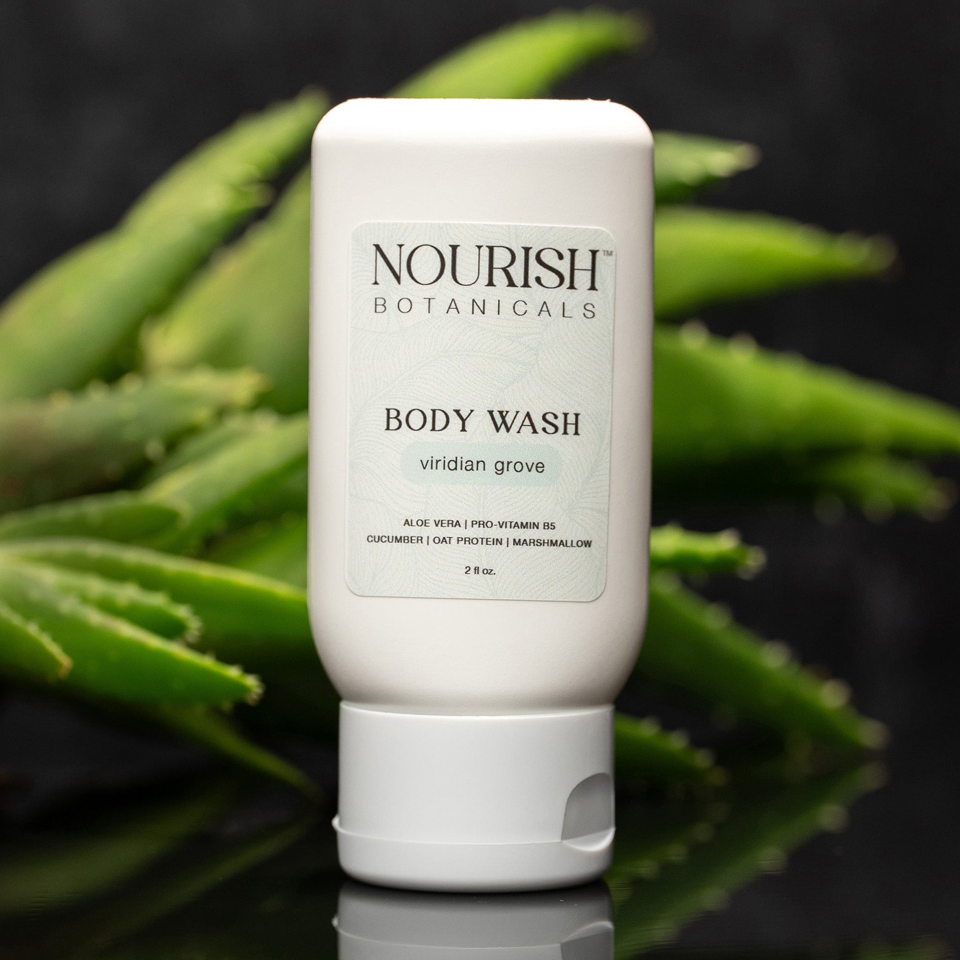 Rustic Strength Aloe Vera Body Wash from Viridian Grove, showing a clear bottle with aloe vera gel inside.