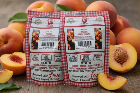 Freeze-dried peach crumble by Double L Ranch showing golden peach pieces and crumble topping in a clear bowl.