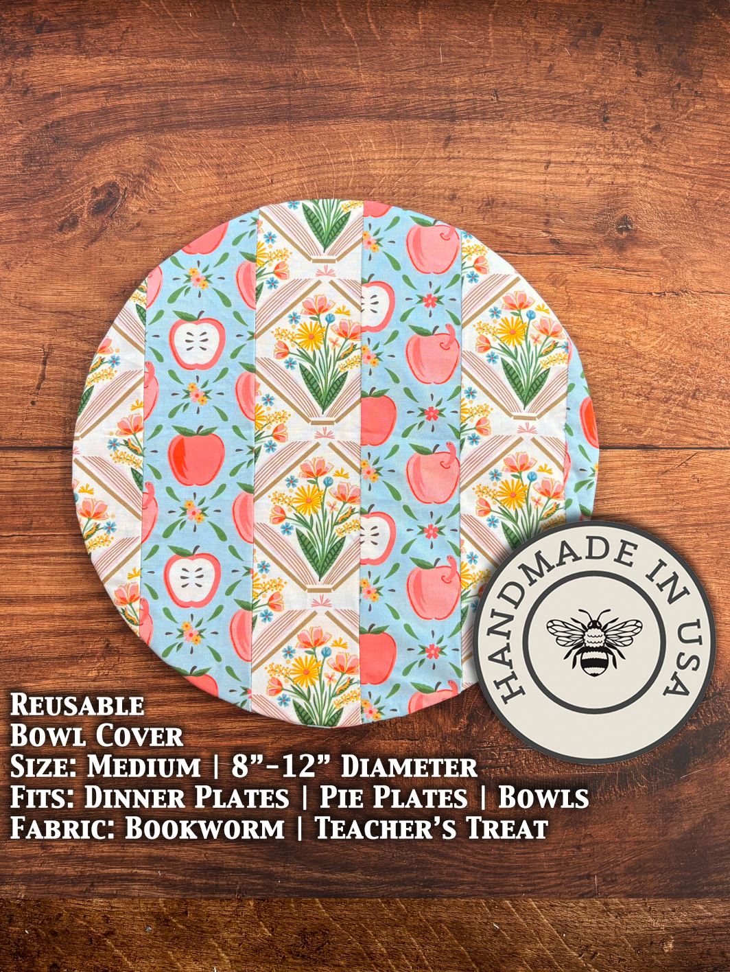 Medium bowl and banneton covers from Five Oaks Farm, with a bookworm teacher's treat design, ideal for bread baking.